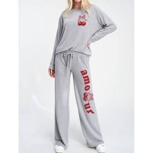 NEW PHIL LOVE amour cherry loungewear set in heather grey